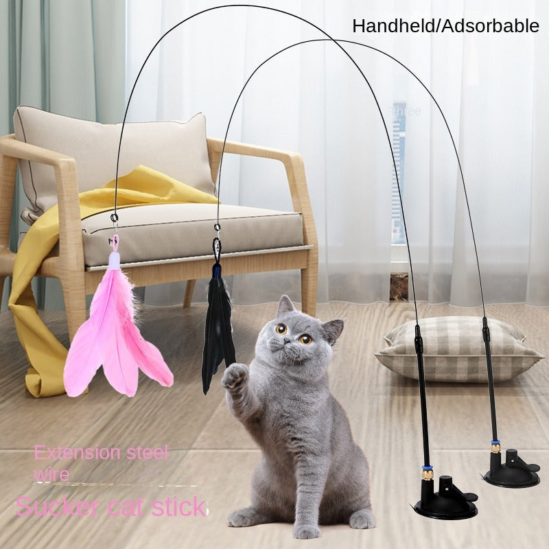 Cat toy cat ticker stick with bell Long rod suction cup self Hi bite resistant cat ticker feather head